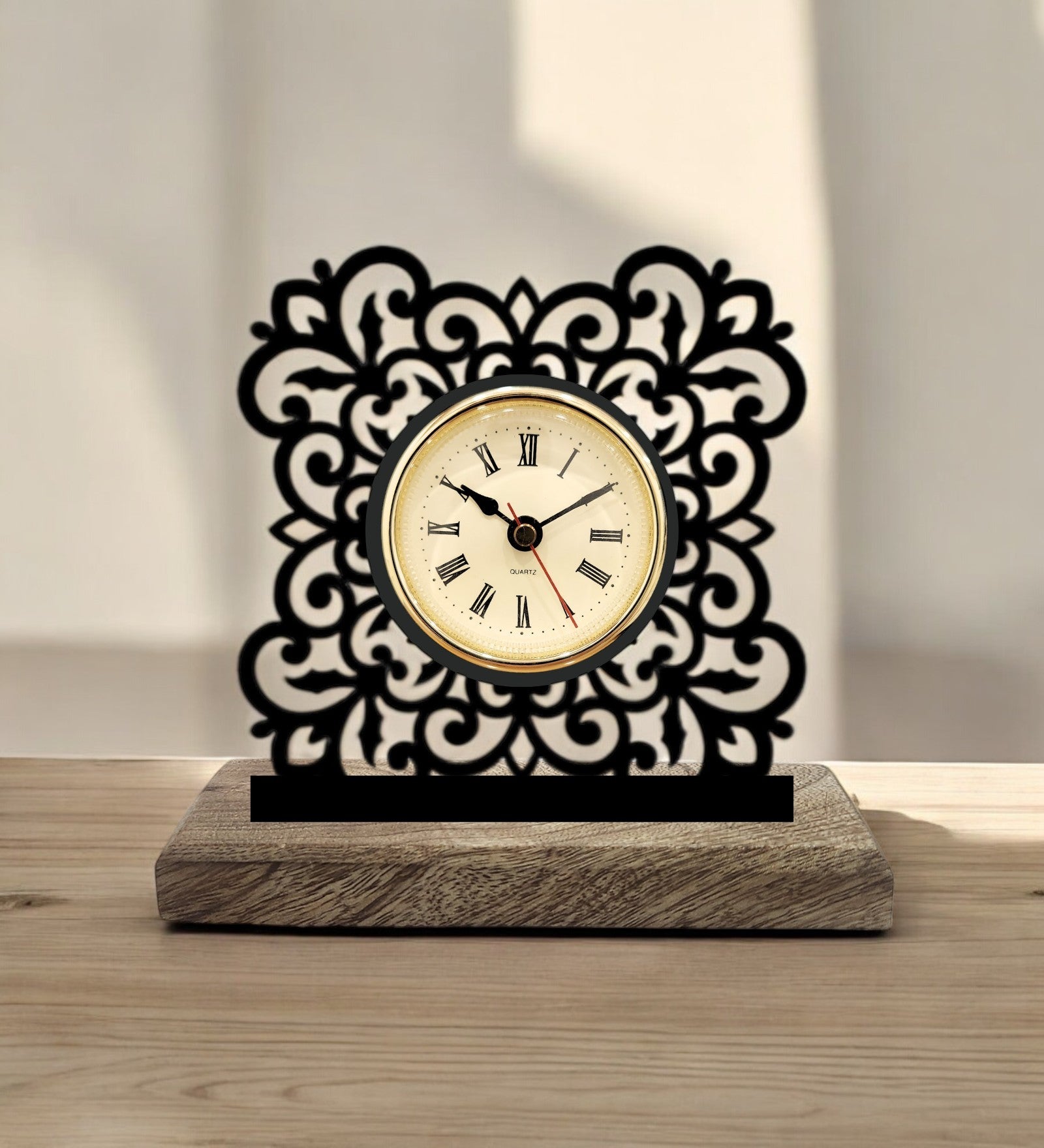 Flower Border Black Table Clock
