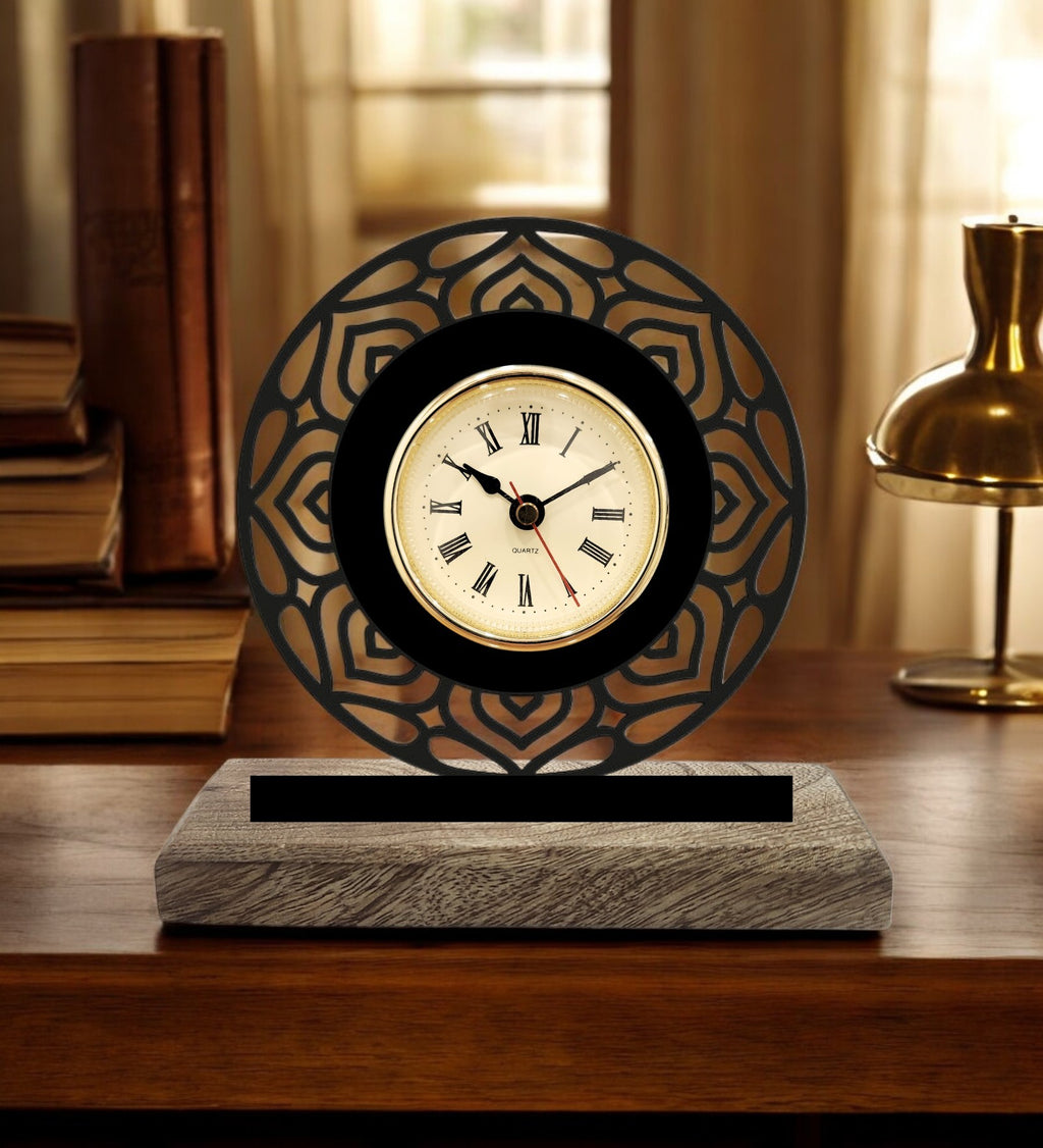 Round Mandala Black Table Clock