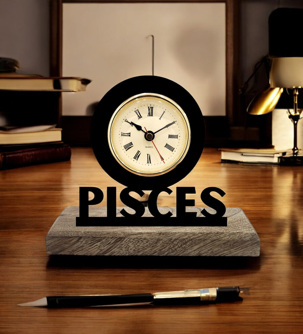 Pisces Sun Sign Black Table Clock