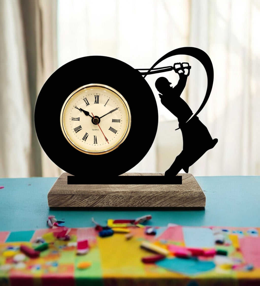 Cricketer Batsman Black Table Clock