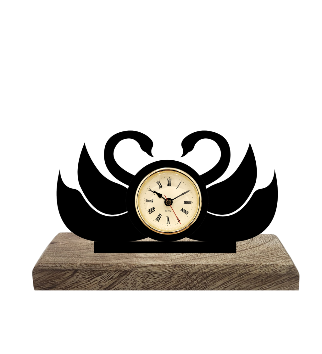 Swan Pair Black Table Clock