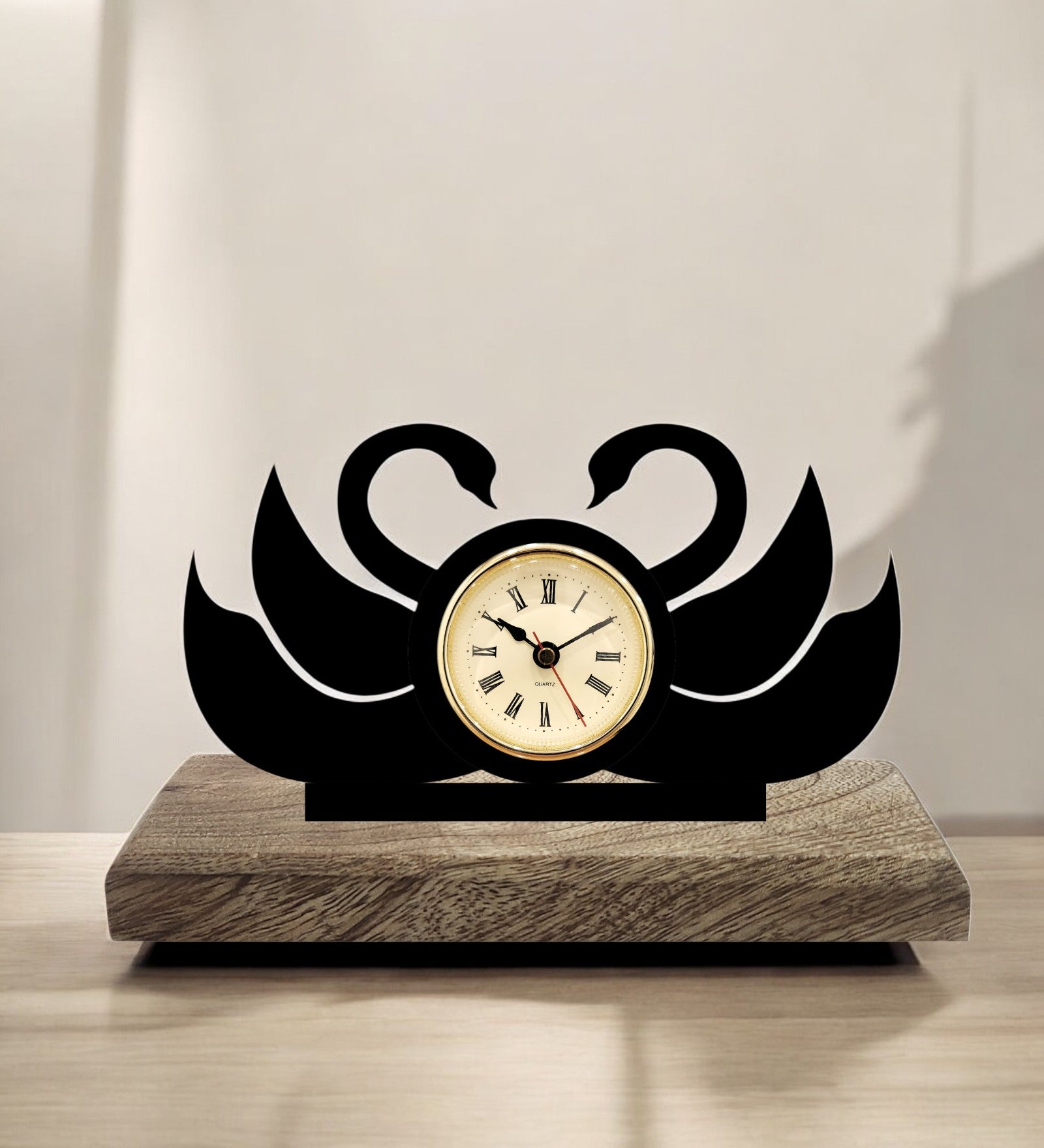 Swan Pair Black Table Clock