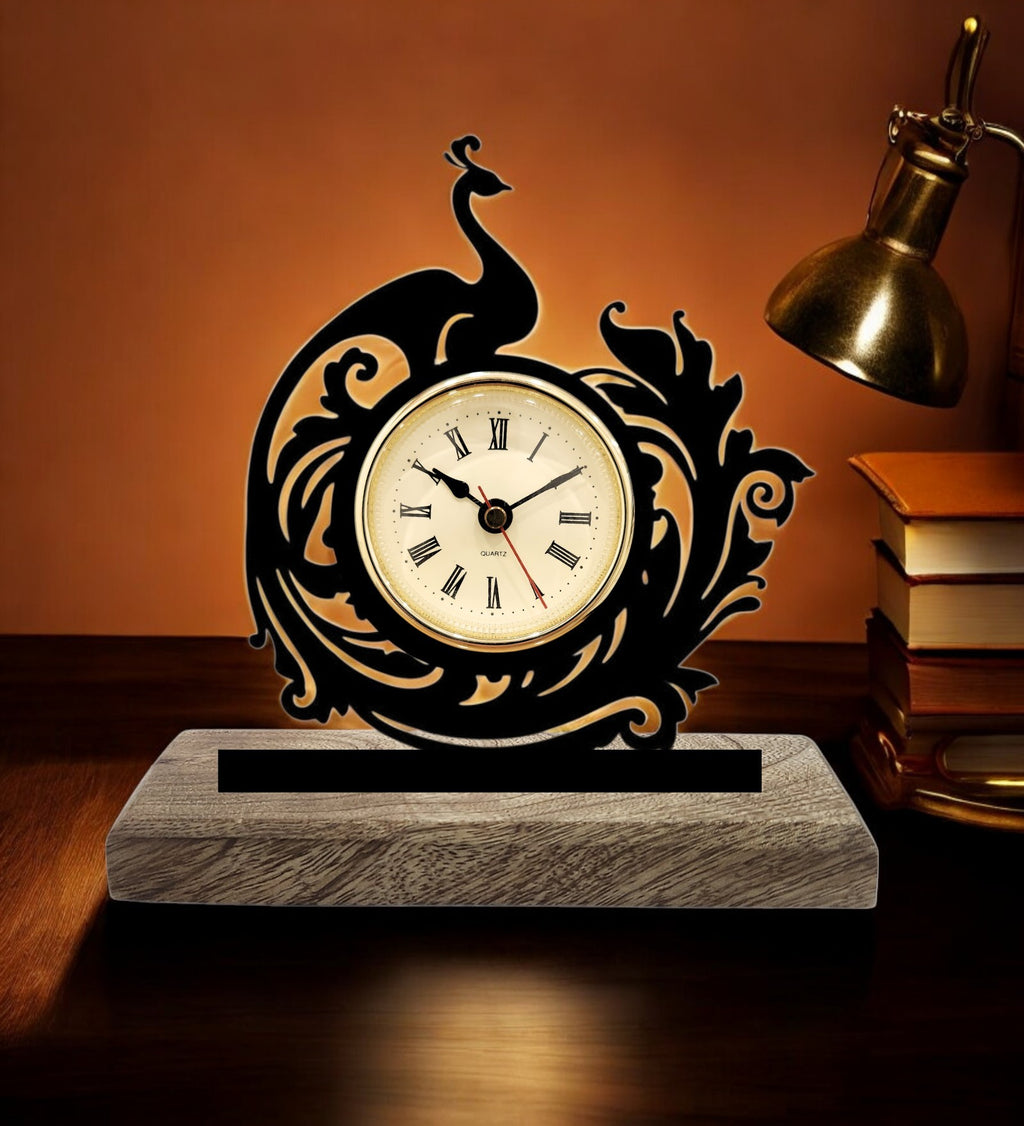 Peacock Black Table Clock