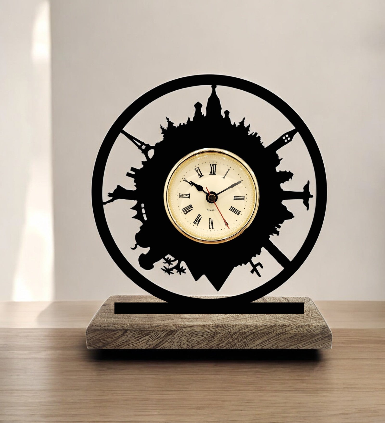 Around the World Black Table Clock