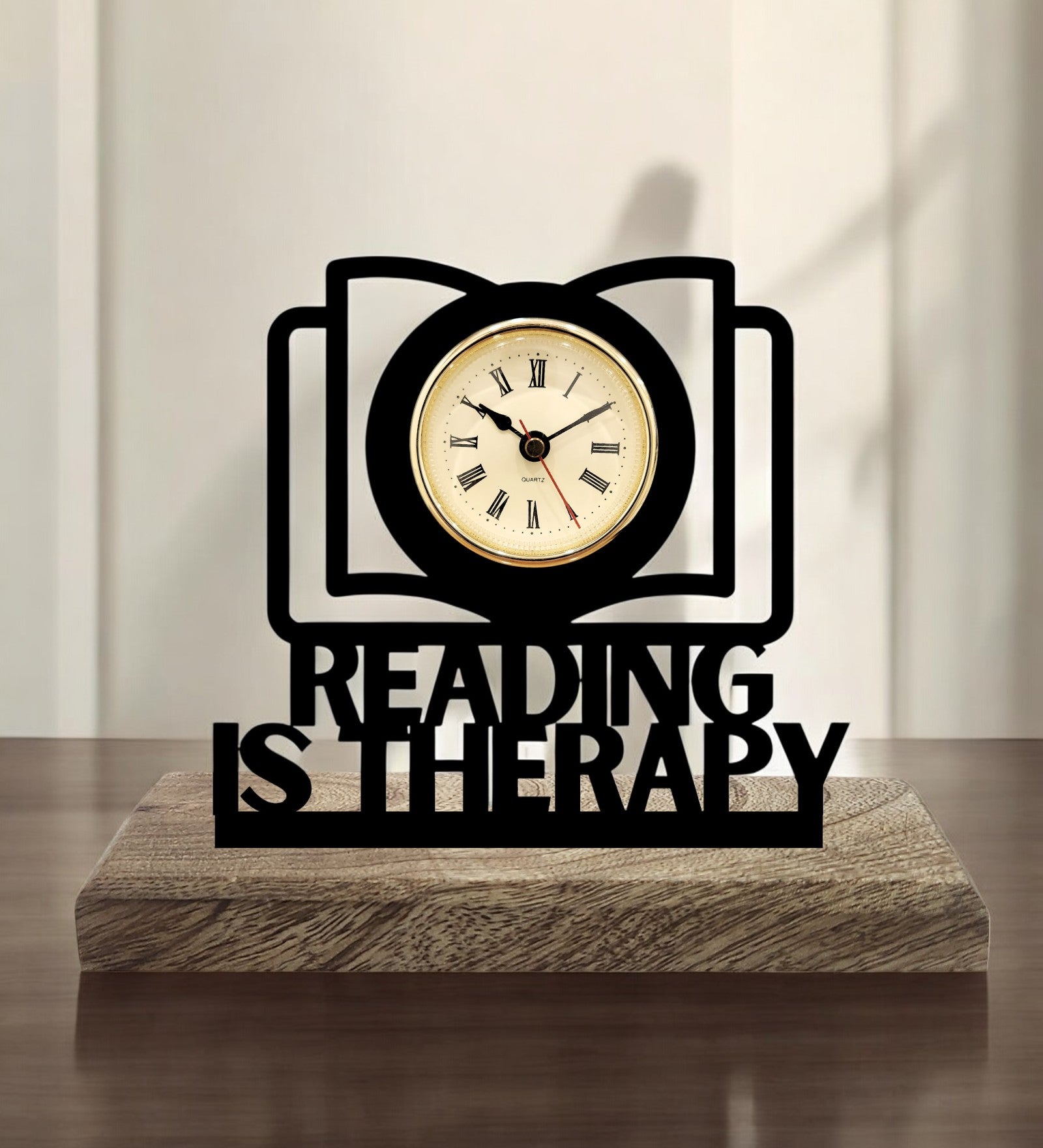 Reading is Therapy Black Table Clock