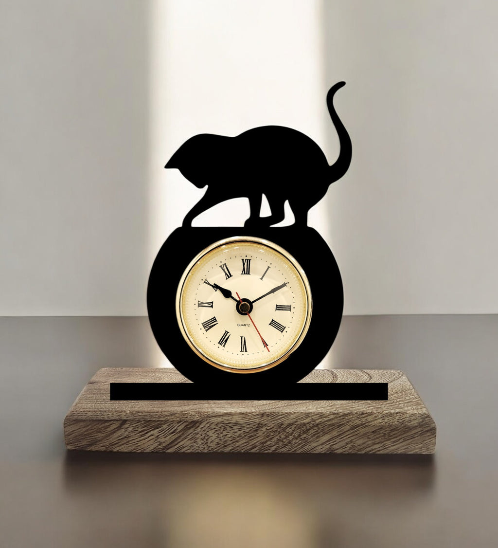 Cat Fishing Black Table Clock