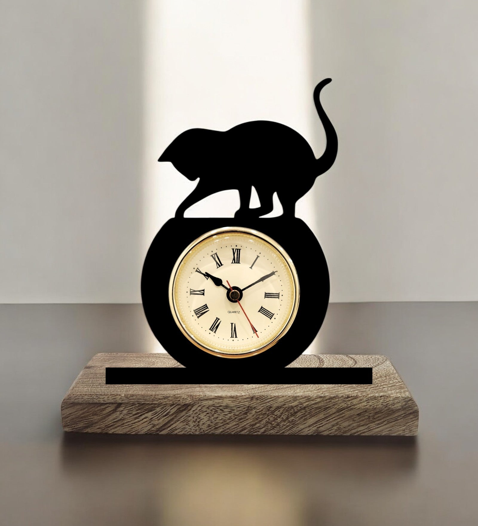 Cat Fishing Black Table Clock