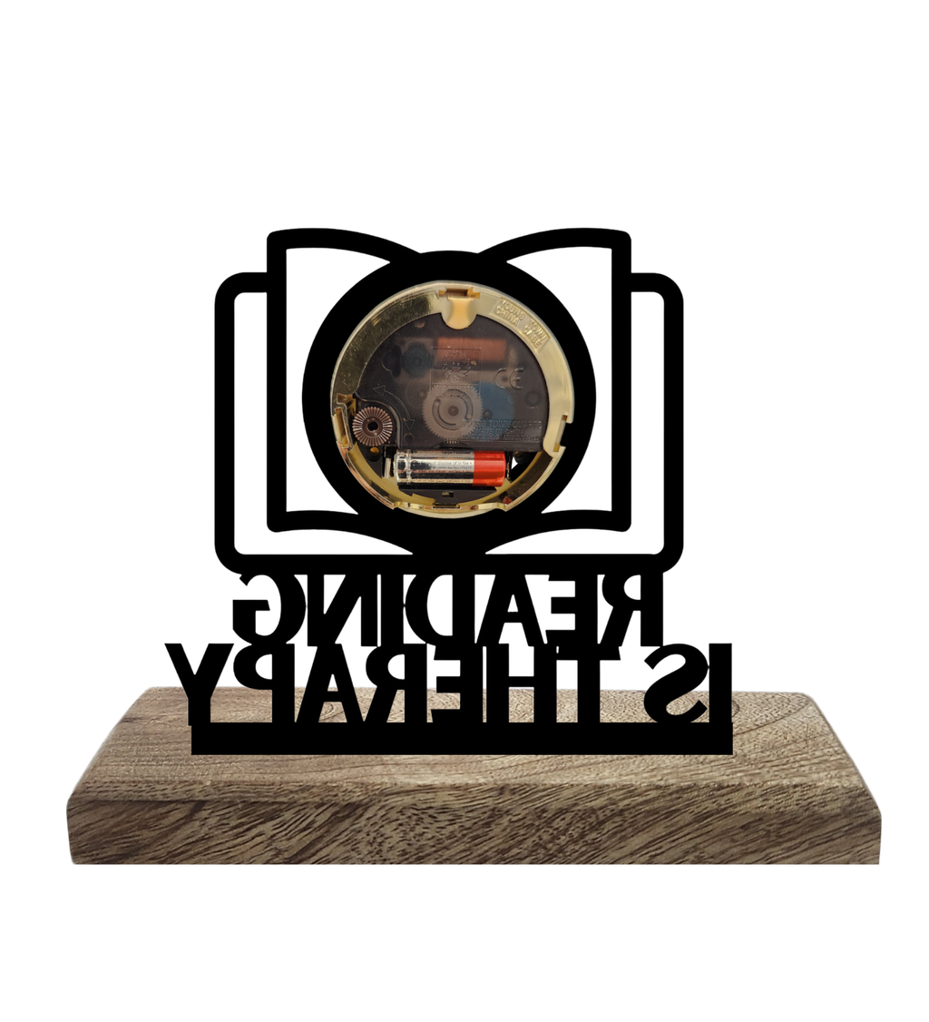 Reading is Therapy Black Table Clock